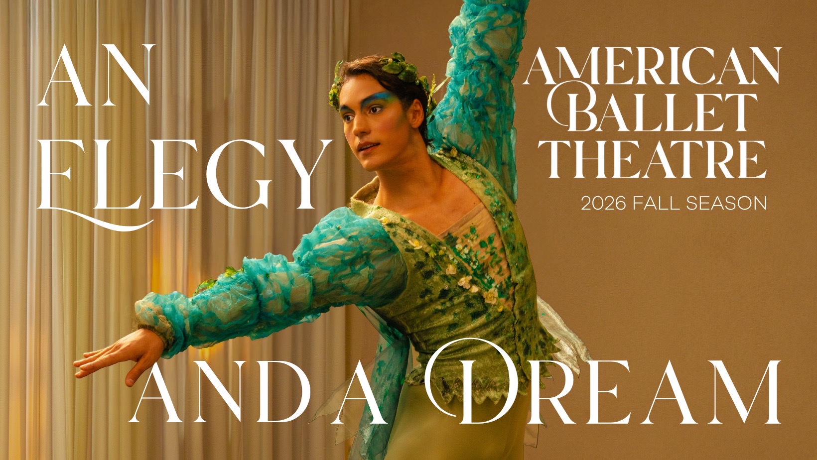 An Elegy and a Dream program graphic, a couple in green and turquoise woodland costumes, 2026 Fall Season
